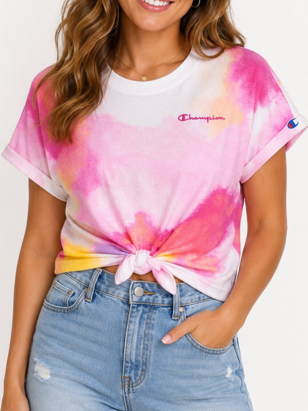 Champion Tie Dye Tie Front T-Shirt Women's Small NWT Pink Logo Athleisure
